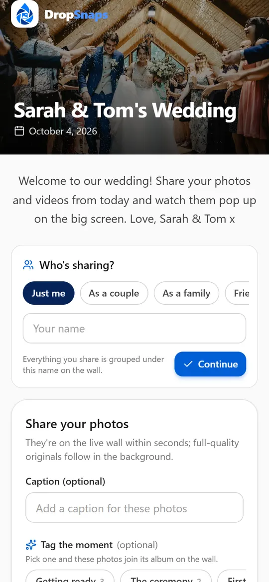 The guest page of a sample wedding on a phone