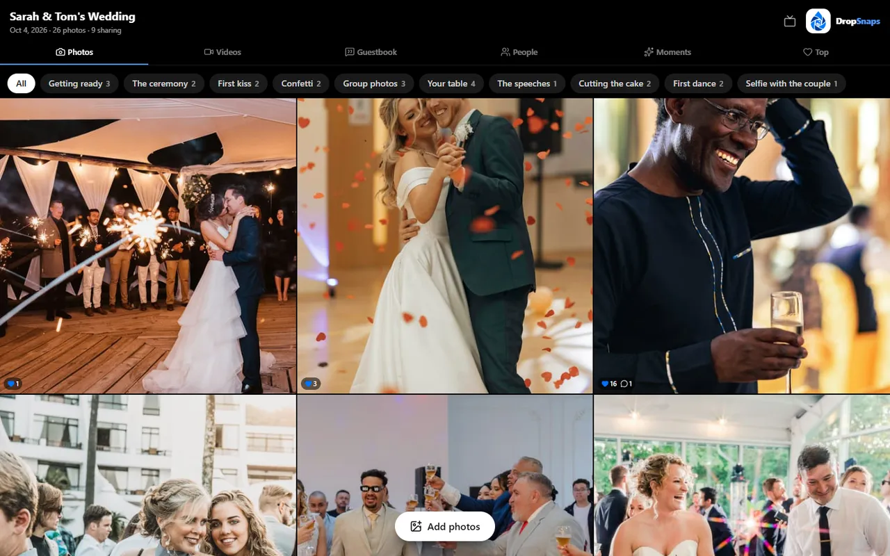 The DropSnaps live wall at a sample wedding, showing guests' photos in a grid