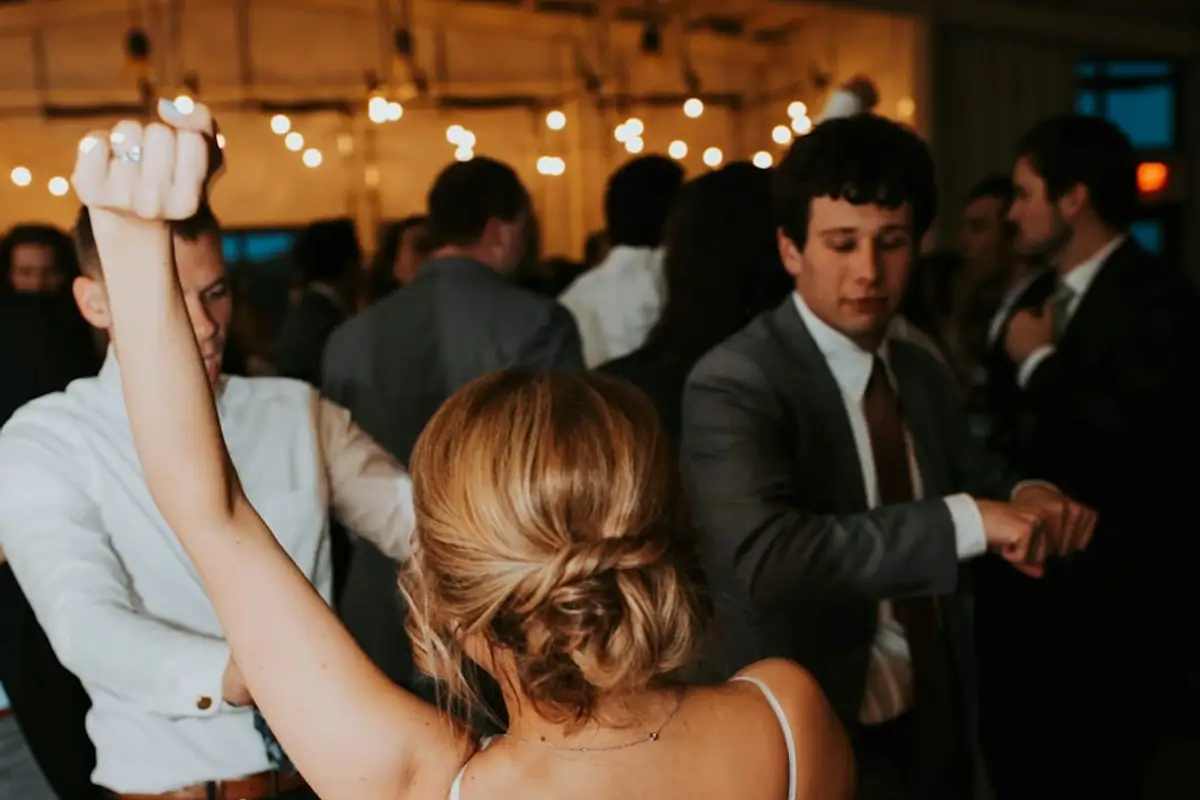 A bride and groom dancing at their wedding reception