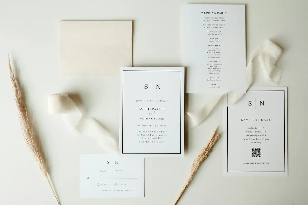 A wedding stationery suite with a QR code