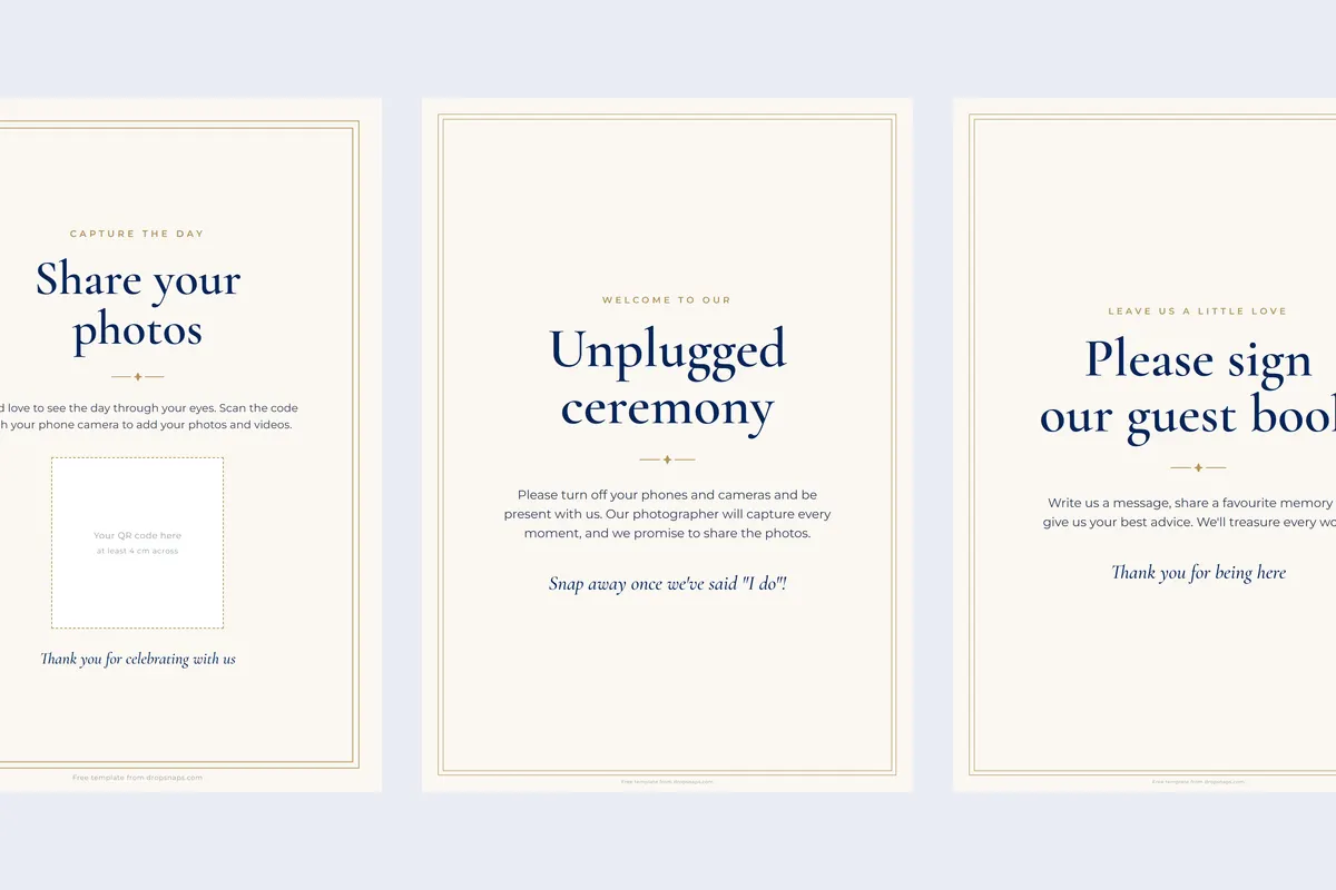 Three printable wedding signs: a share your photos card, an unplugged ceremony sign and a guest book sign