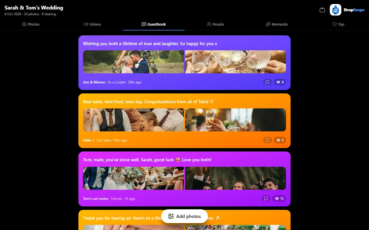 The guestbook tab of a sample wedding, with messages from guests