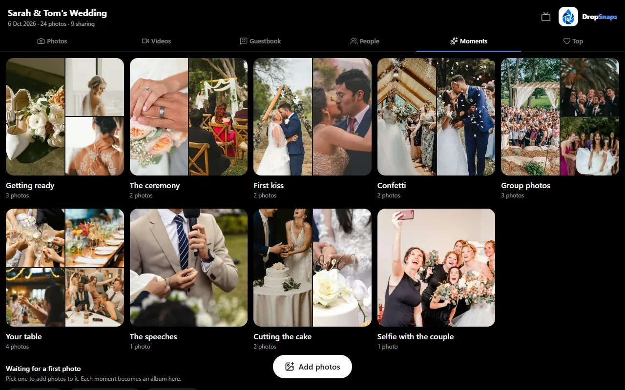 The Moments tab of a sample wedding, with an album for each moment