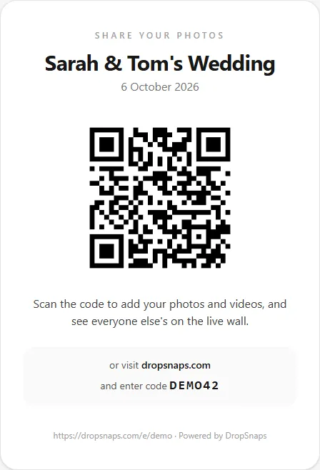 A printable QR code card for a sample wedding