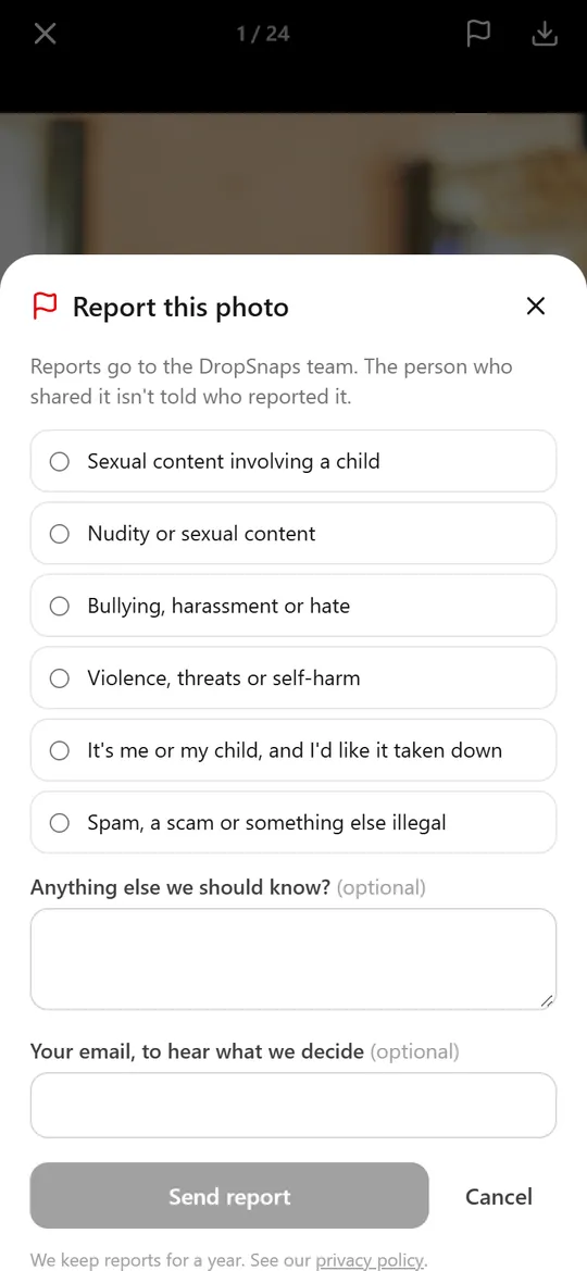 Reporting a photo on a phone