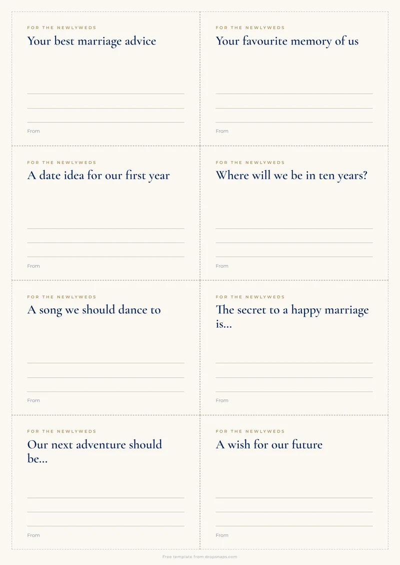 Eight guest book prompt cards on a sheet
