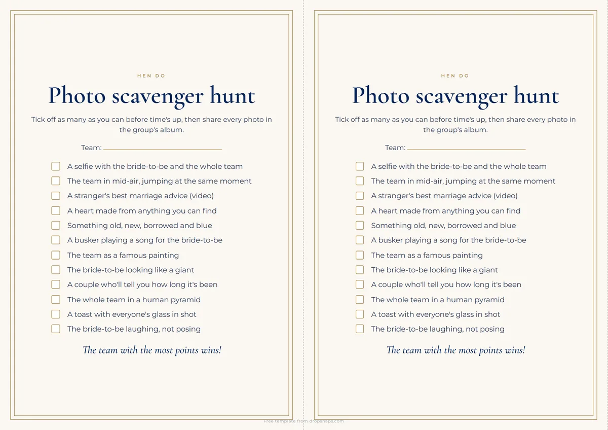 A printable hen do photo scavenger hunt with 12 challenges and tick boxes