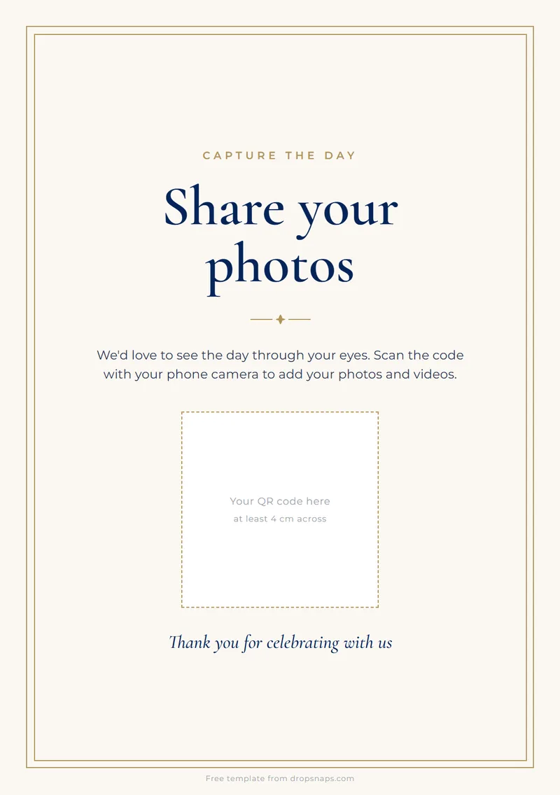 The share your photos table card, with a box for a QR code