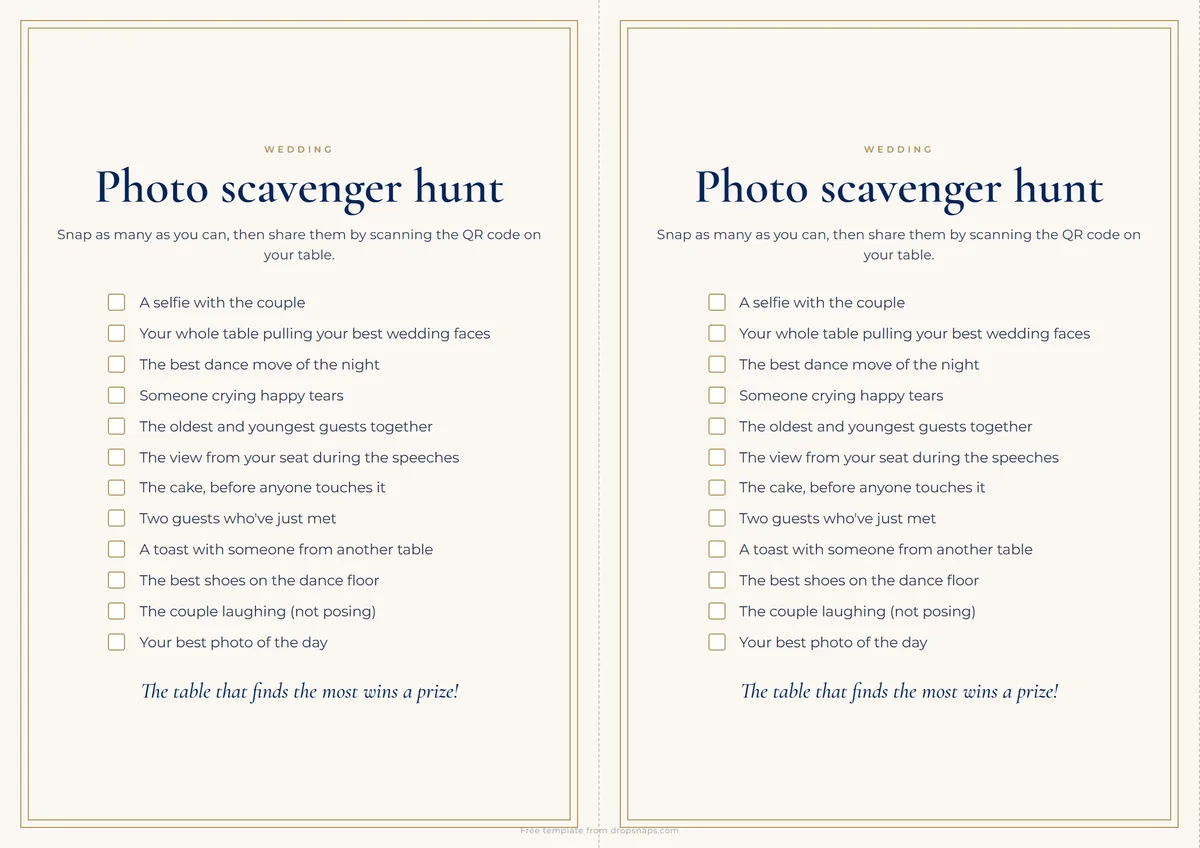 Two photo scavenger hunt cards on a sheet
