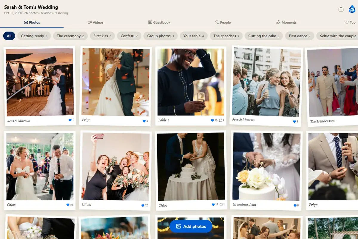 The DropSnaps live wall at a sample wedding, showing guests' photos in a grid